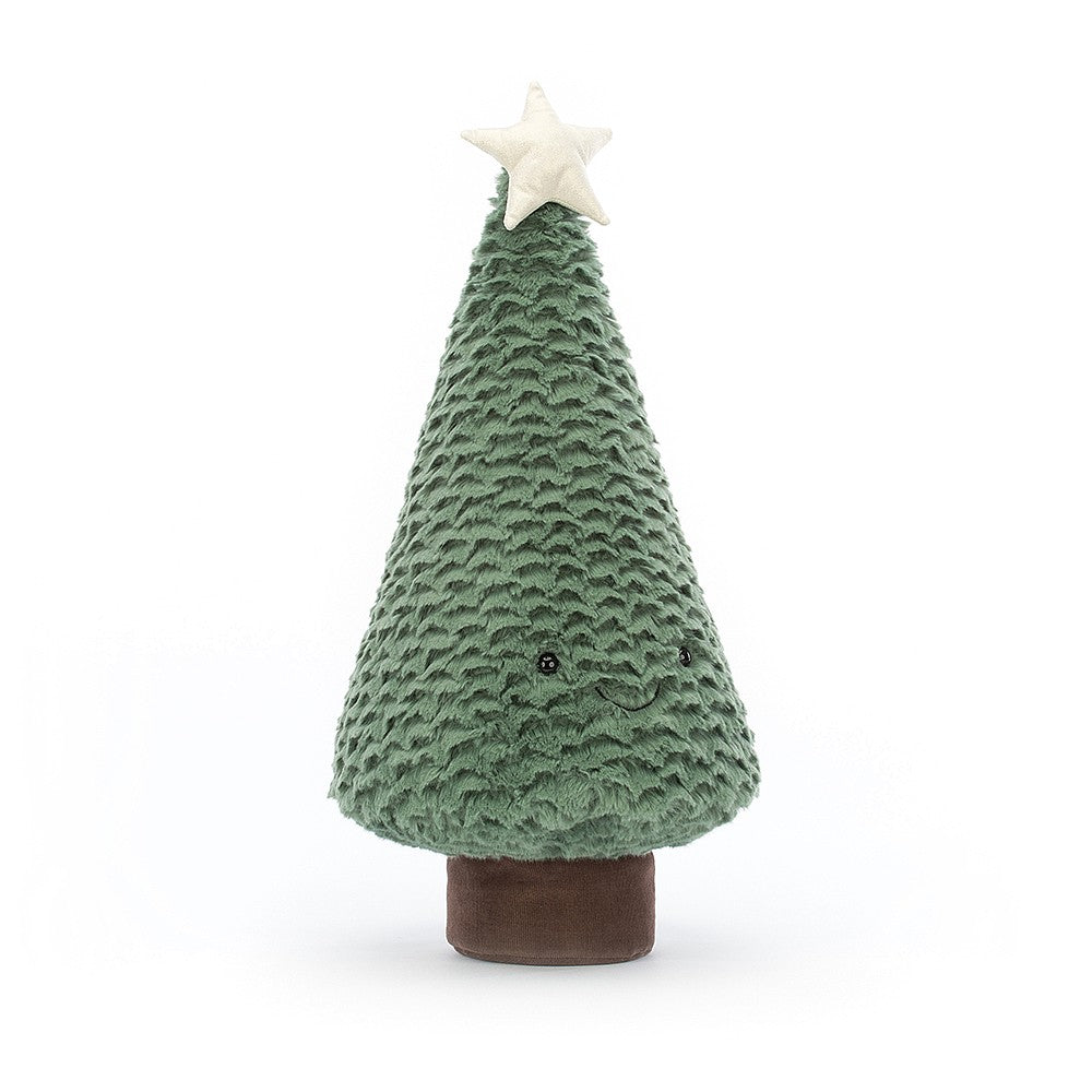 Plush cool green Christmas tree with happy face in brown pot. Plush cream gold star on top.