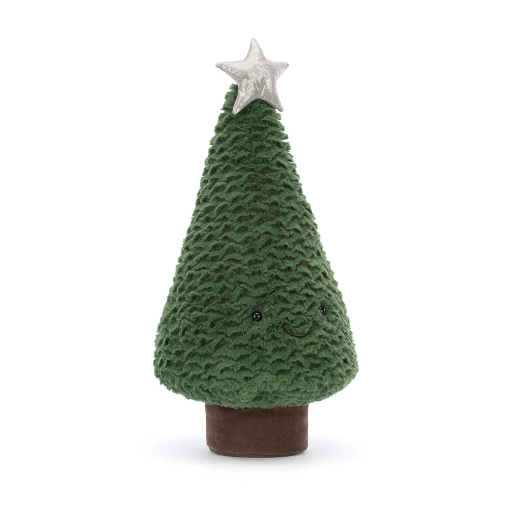 Plush dark green Christmas tree with happy face in brown pot. Plush silver star on top.