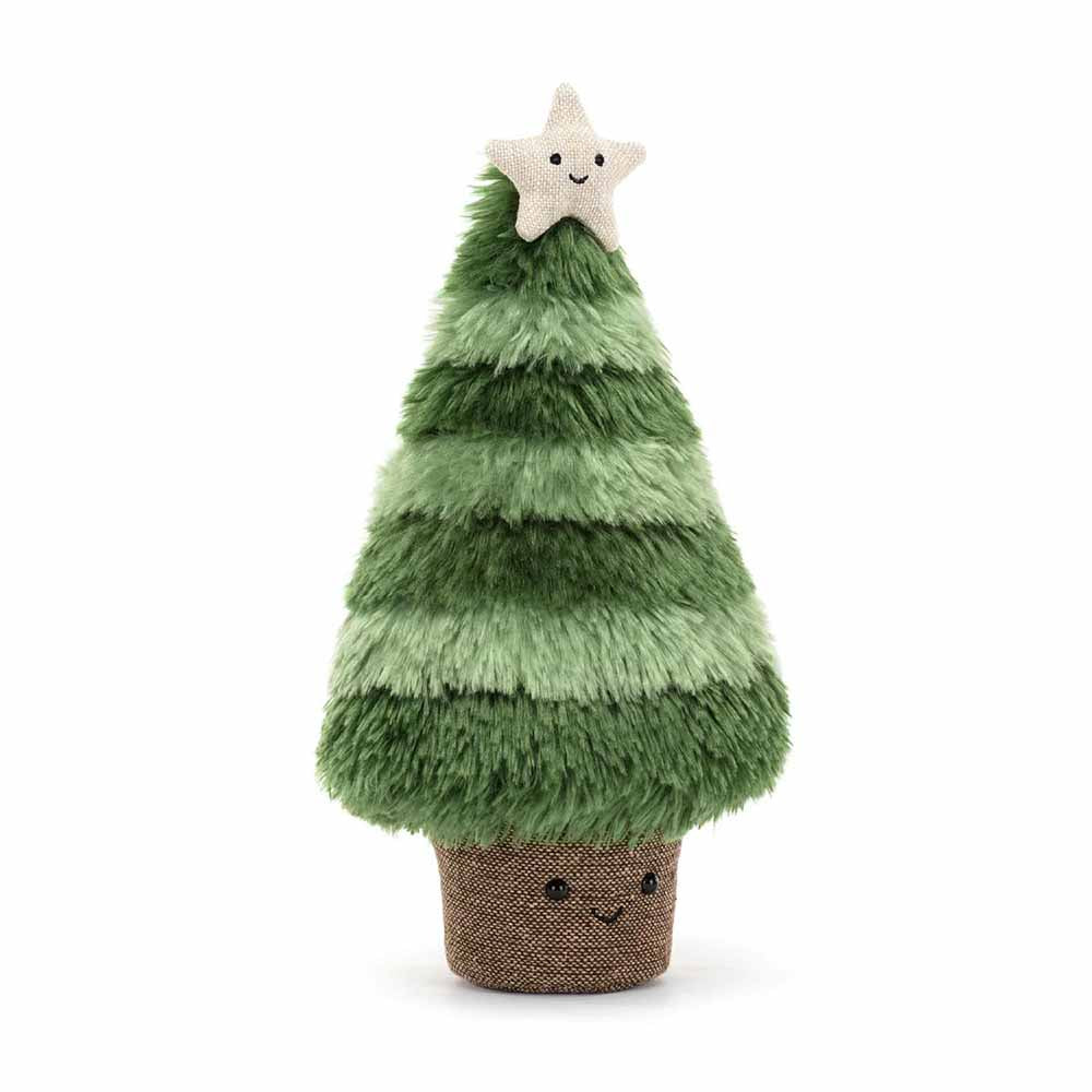 Plush green striped Christmas tree in brown tweedy pot with happy face. Cream linen like star on top.