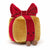 plush red and gold christmas gift with smiling face and brown corduroy feet.
