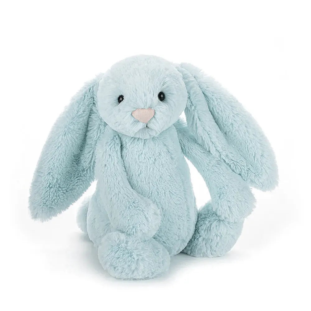 Plush lop-eared bunny in a pale blue.