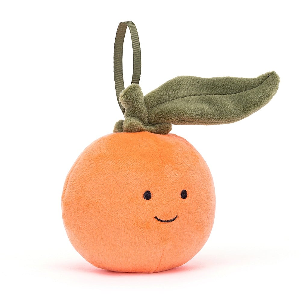 Orange plush clementine ornament with leaf on top and embroidered smiling face.