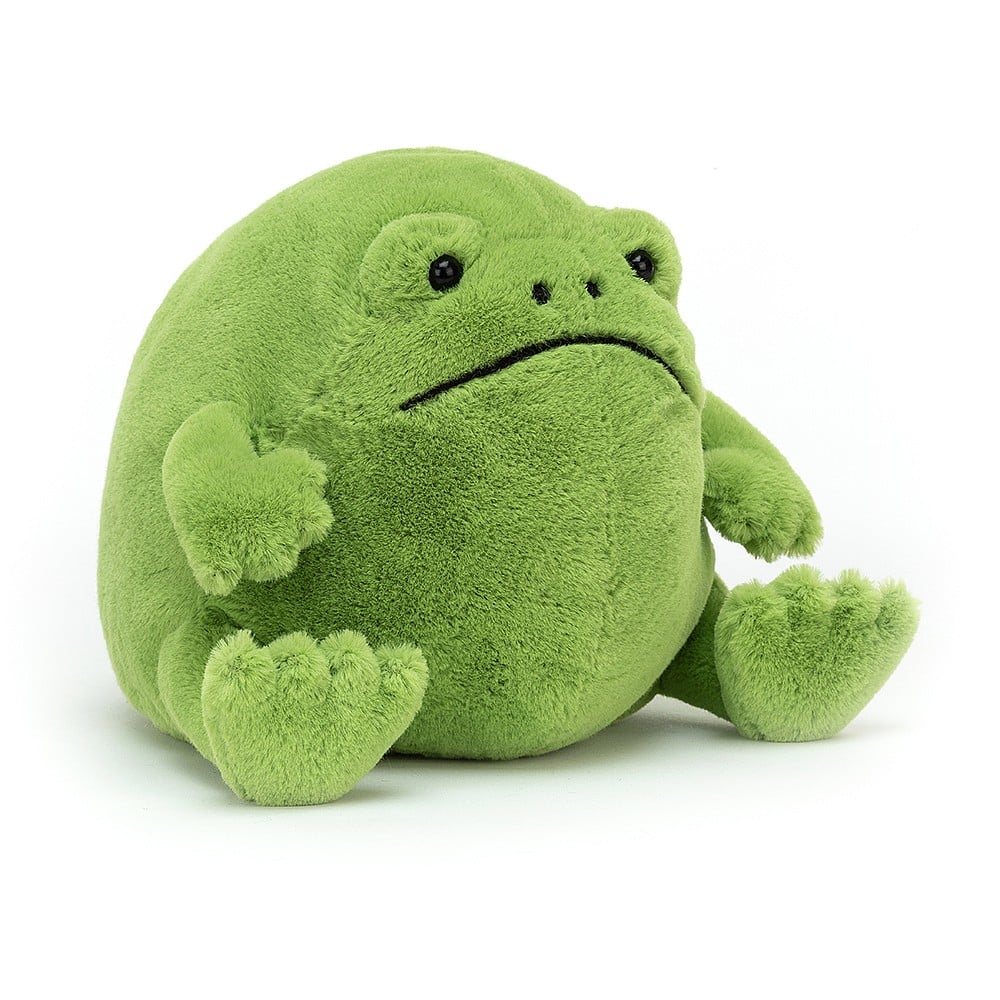 A plush toy frog that is round and green with a sad but funny face.