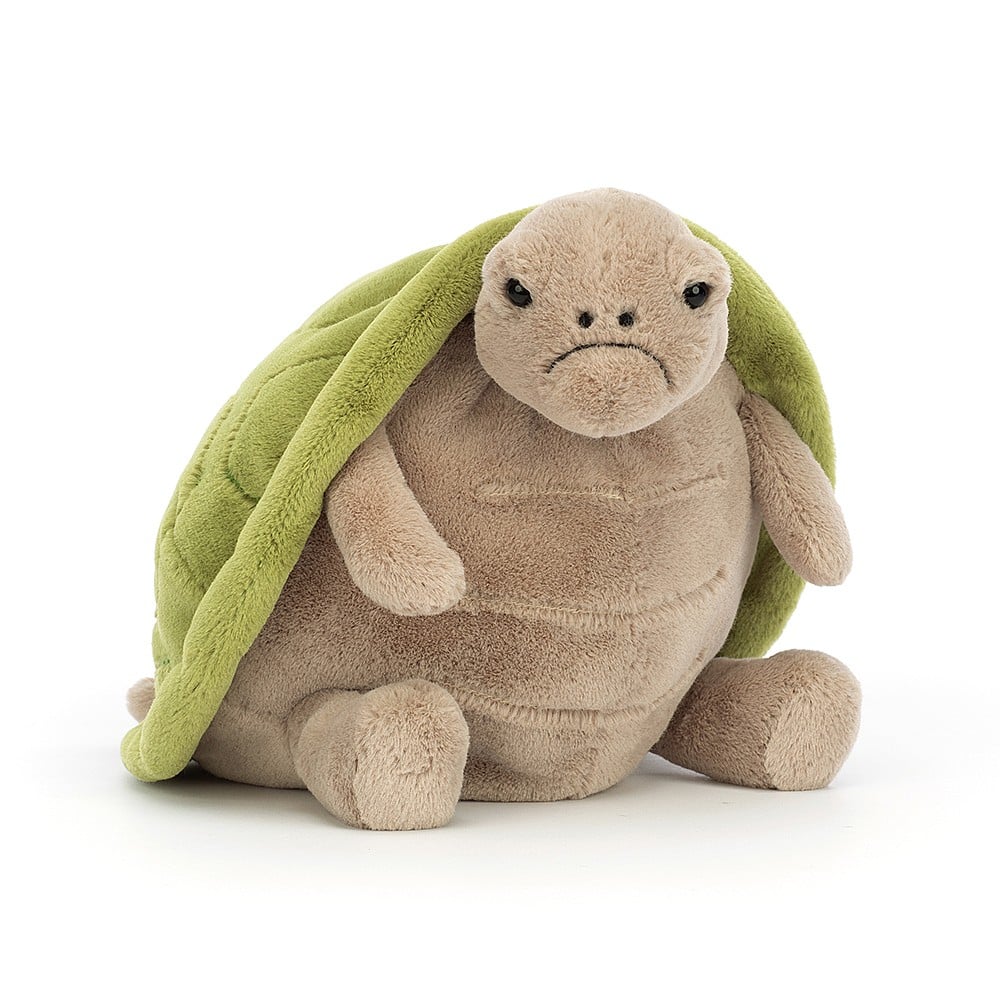 A plush turtle with a green embroidered shell, beige belly and a grumpy face.