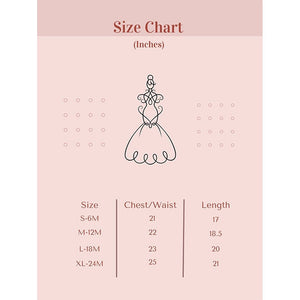 Size Chart. Small is 6 months chest 21 inches 17 inch length. Medium is 12 months chest 22 inches 18.5 inch length. Large is 18 months chest 23 inches 20 inch length. Extra Large is 24 months chest 25 inches 21 inch length.