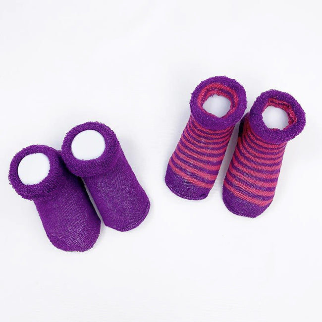 kushies baby terry socks 2pk - purple solid/fuchsia stripe