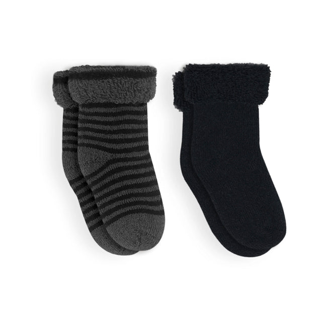 kushies baby terry socks 2pk - black solid/charcoal stripe