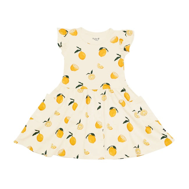 Kyte Baby Short Sleeve Printed Pocket Dress in Lemon
