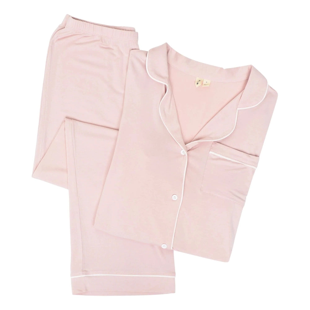 Kyte Baby Long Sleeved Women's Pajama Set in Blush with Cloud Trim