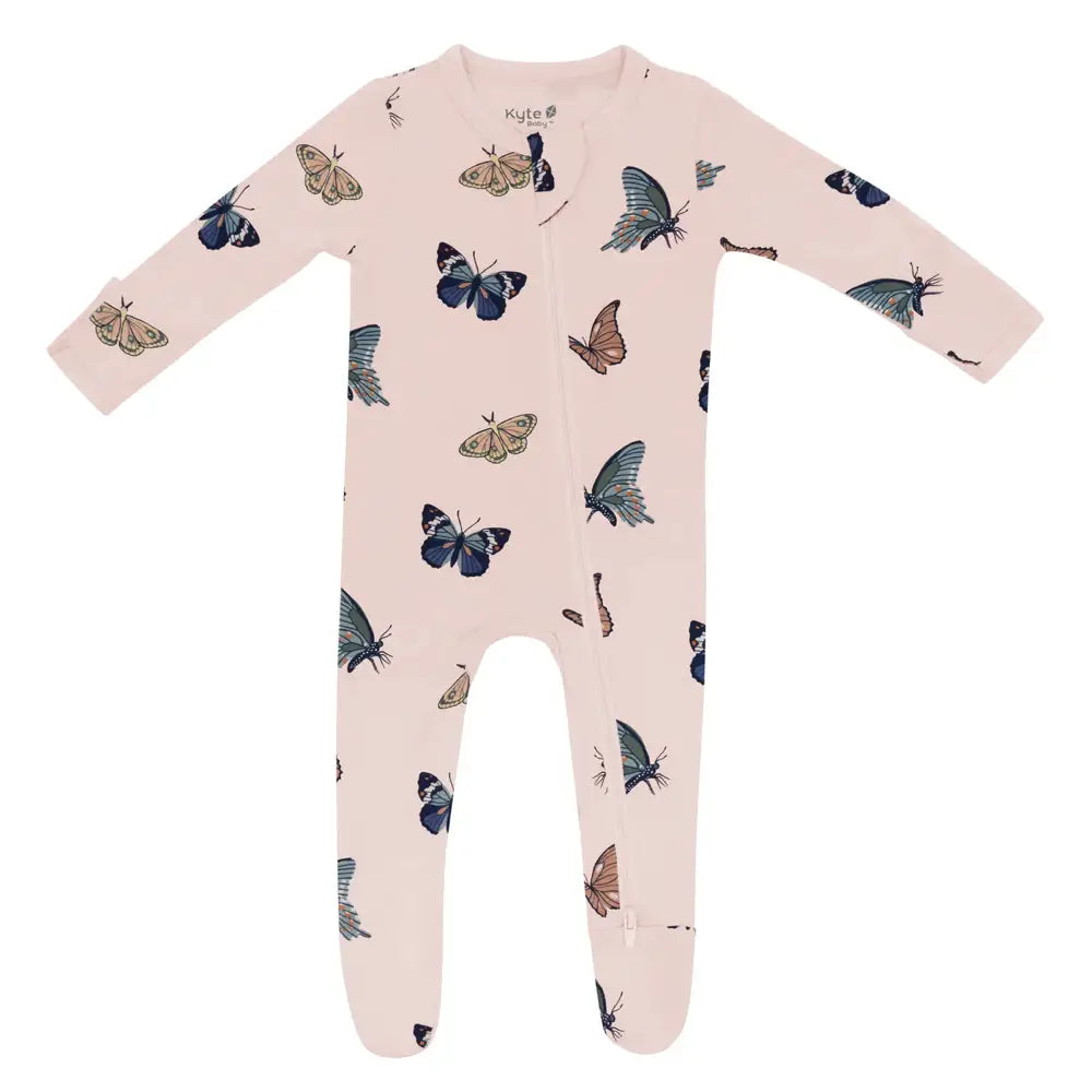 Kyte Baby Printed Zippered Footie in Blush Butterfly