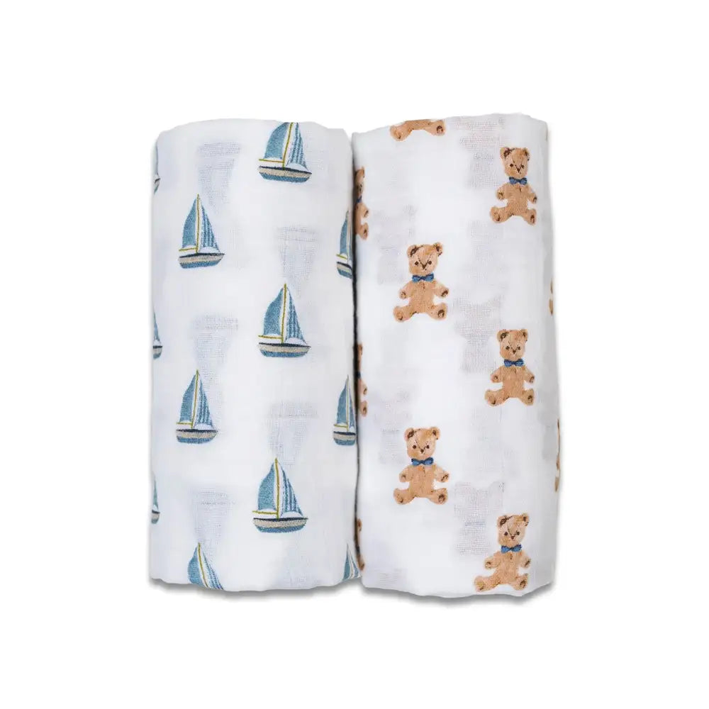 Lulujo 2pk Cotton Muslin Swaddles - Vintage Bear +Sailboat