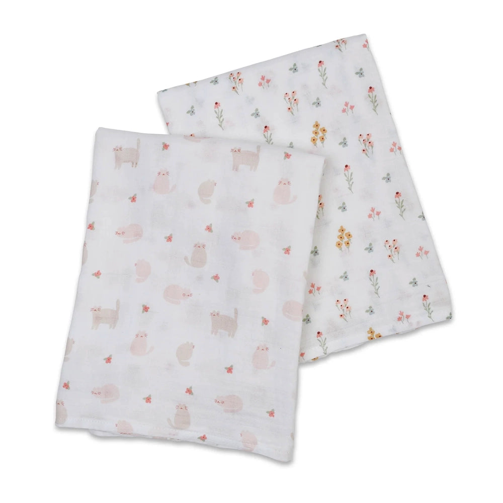 Lulujo 2pk Cotton Muslin Swaddles - Kitty + Flower