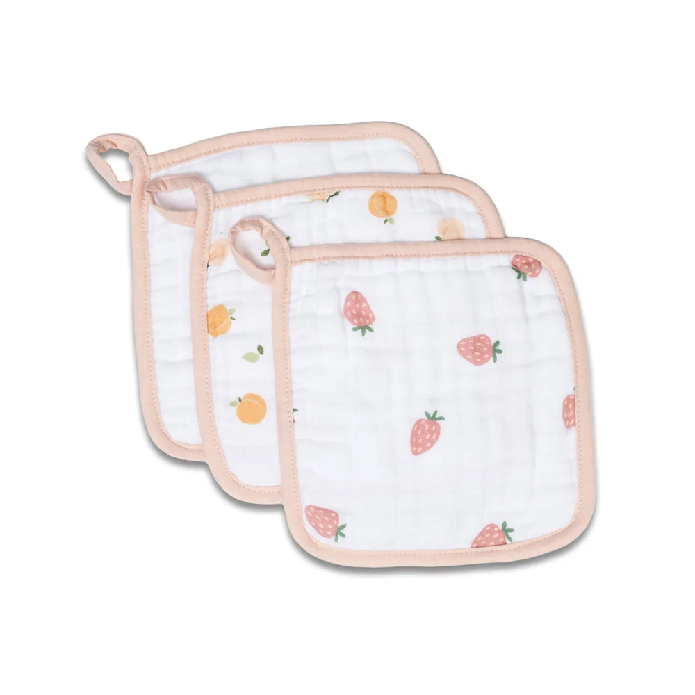 Lulujo 3pk Muslin Washcloths - Peaches/White/Strawberry