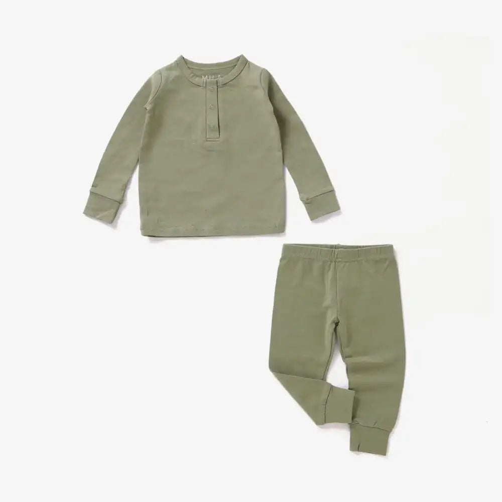 Mila & Co. Long Sleeve Henley Set in Moss