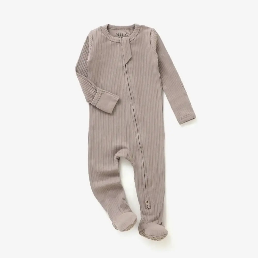 Mila & Co. Ribbed Zippered Footie in Mushroom