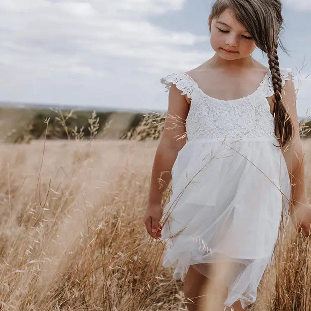 Miss Rose Sister Violet Children Rose Lace Dress - White