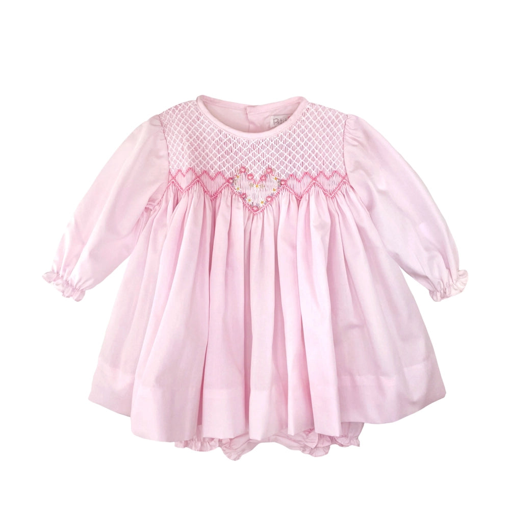 Petit Ami Fully Smocked Dress with Floral Heart Embroidery