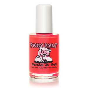 Piggy Paint nail polish in Drama, a shimmer neon red orange.
