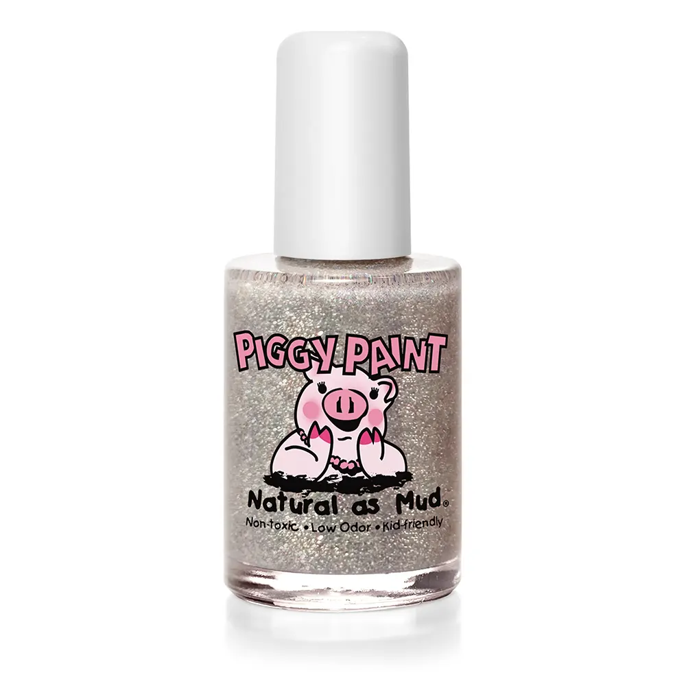 Piggy Paint nail polish in Glitterbug, a silver glitter shade.