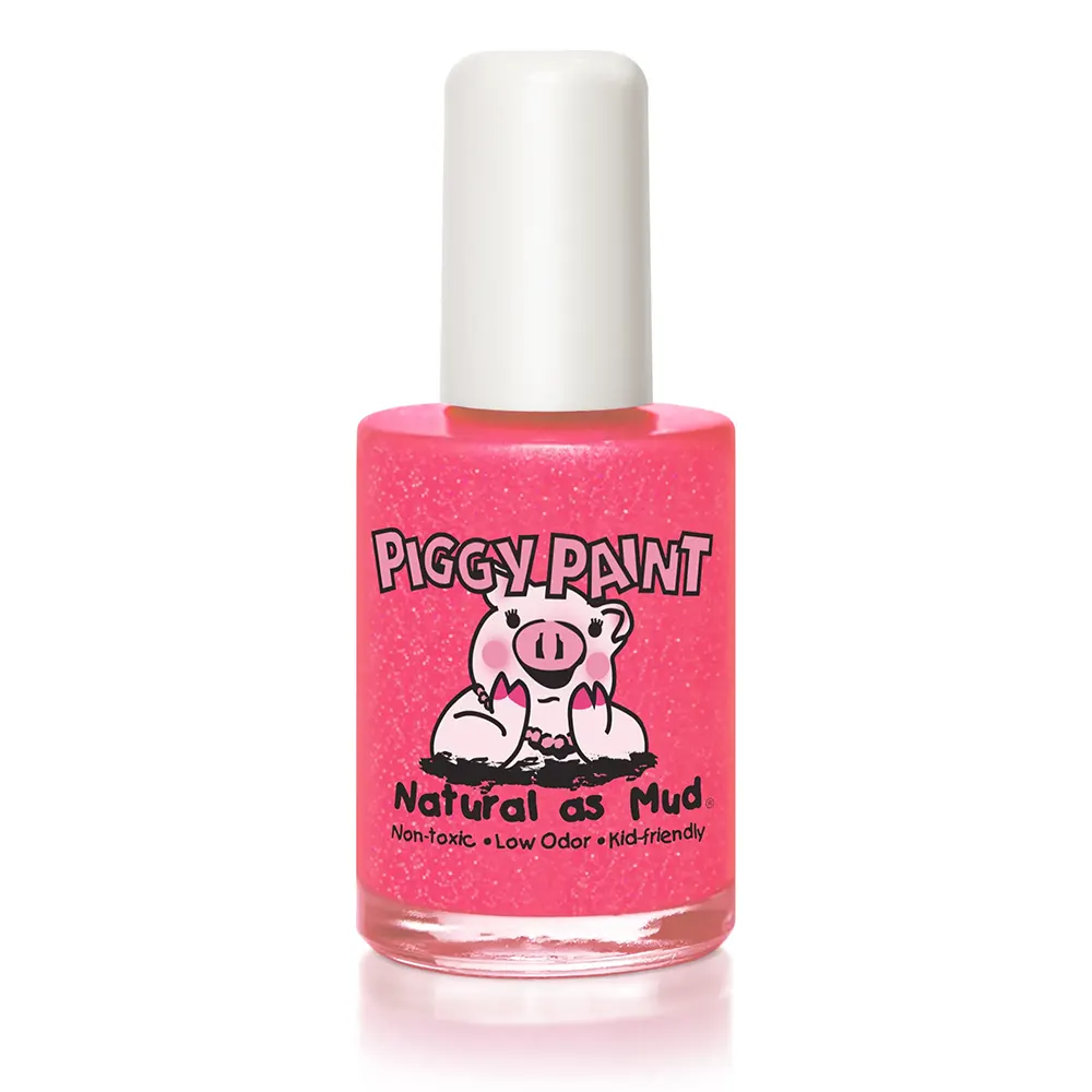 Piggy Paint nail polish in Light Of The Party, a neon coral shimmer