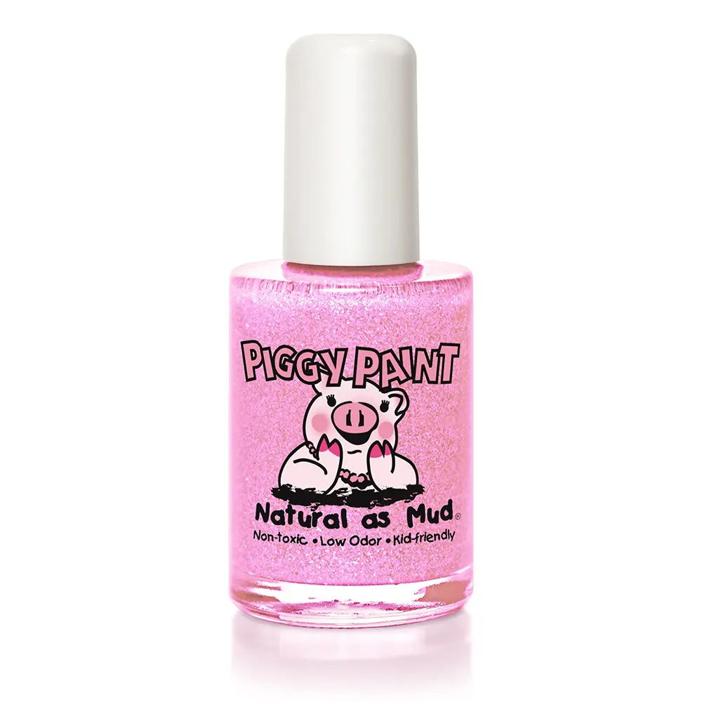 Piggy Paint nail polish in Tickled Pink, a glitter light pink shade.