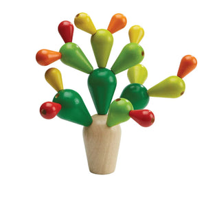 Colorful wooden balancing game in the shape of a cactus on a white background