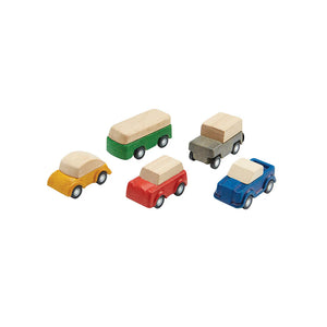 Set of five vehicles in multi colours made from a rubberwood composite