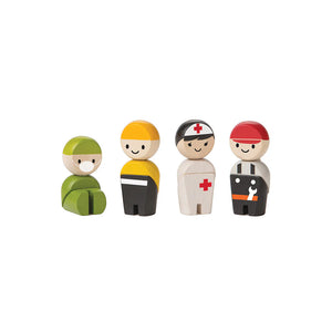 Four small figurines representing different rescue workers on a white background