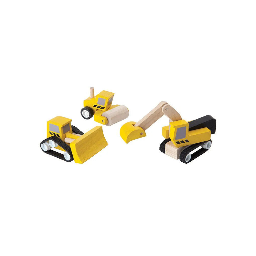 Articulated yellow wooden road construction toy vehicles