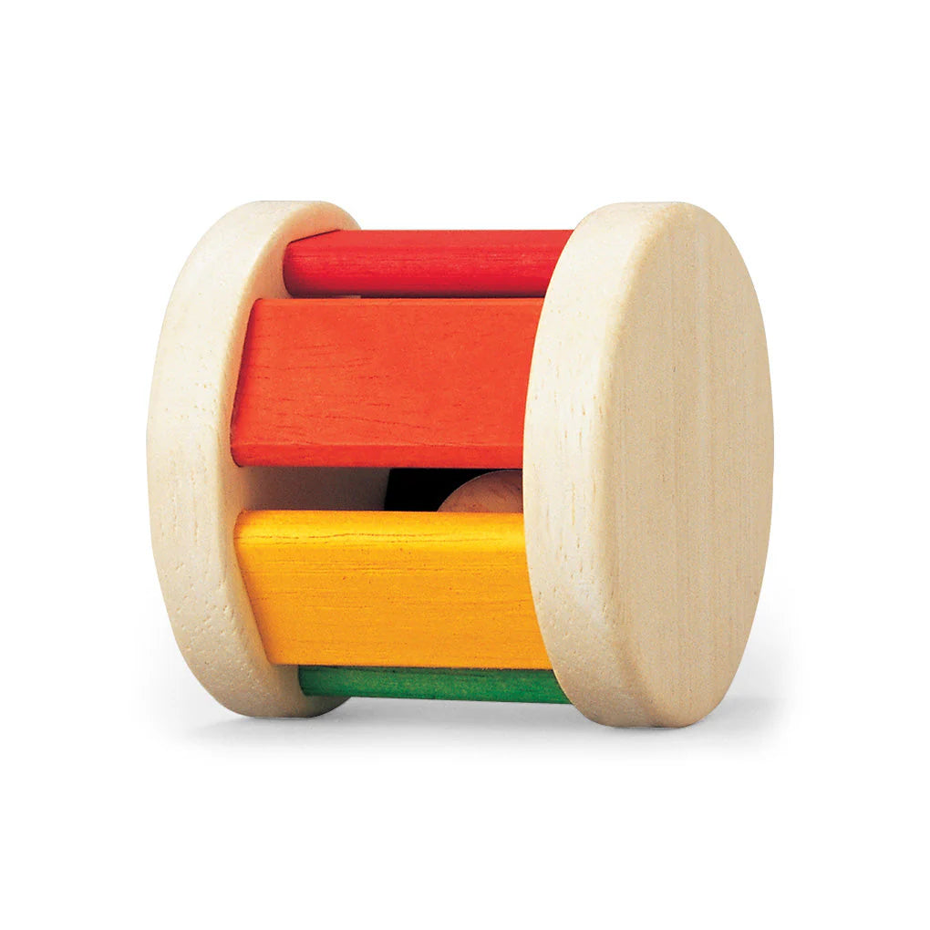 small wooden roller toy in classic primary colours.