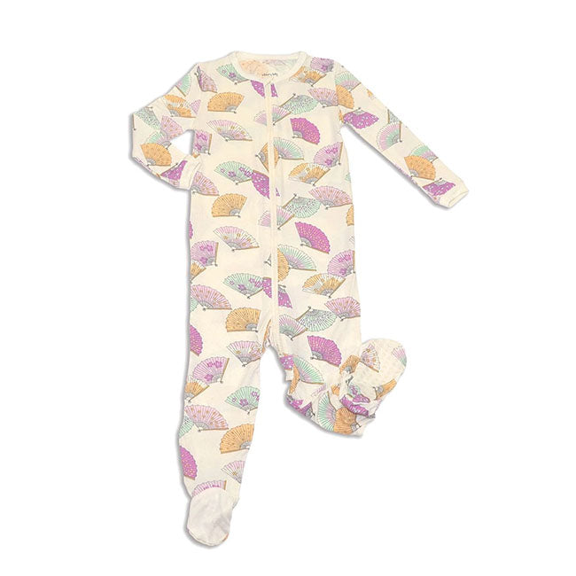 Infant zip footie with pink, aqua and yellow fans print.