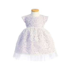 lavender special occasion baby dress with lace overlay
