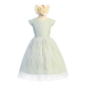 Soft green special occasion girls dress with floral french lace overlay.