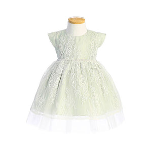 Soft green special occasion baby dress with floral french lace overlay.