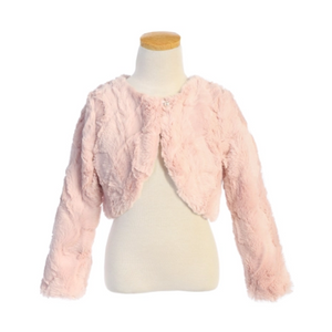 Soft pink faux fur shrug with long sleeves for dressy occasions.
