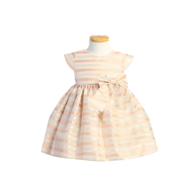 Striped organza aby dress with bow at front/side of waist. Metallic rose gold and silver stripes.
