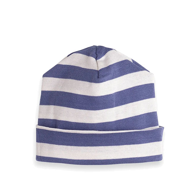 Infant striped beanie in navy and white wide stripes.