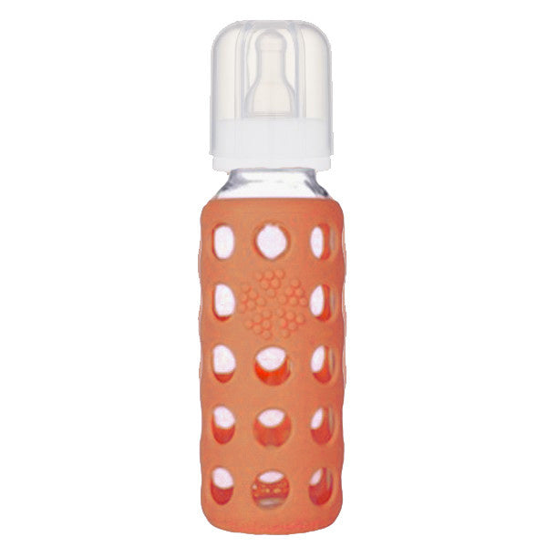 lifefactory 9oz glass + silicone baby bottle papaya reg neck