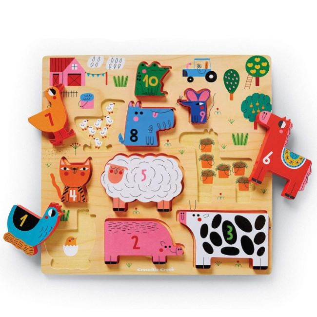 crocodile creek 10 piece stacking wood puzzle - 123 barnyard