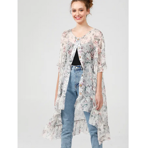 miss rose sister violet women's hi-low shirt jacket - blue floral
