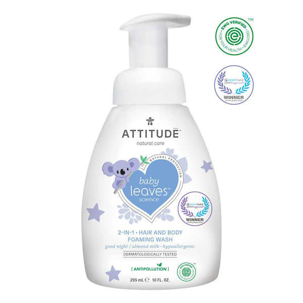 attitude baby leaves 2-in-1 hair & body foaming wash - good night almond milk 295 ml