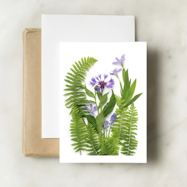 bottle branch botanical card - ferns & blue flowers