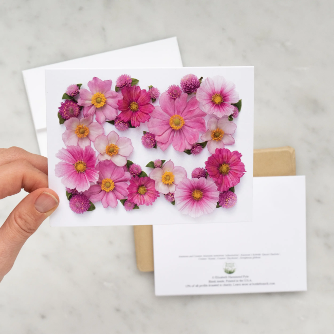 bottle branch botanical card - pink flowers flatlay