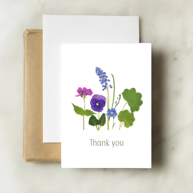 bottle branch botanical thank you card - blue flax & friends flatlay