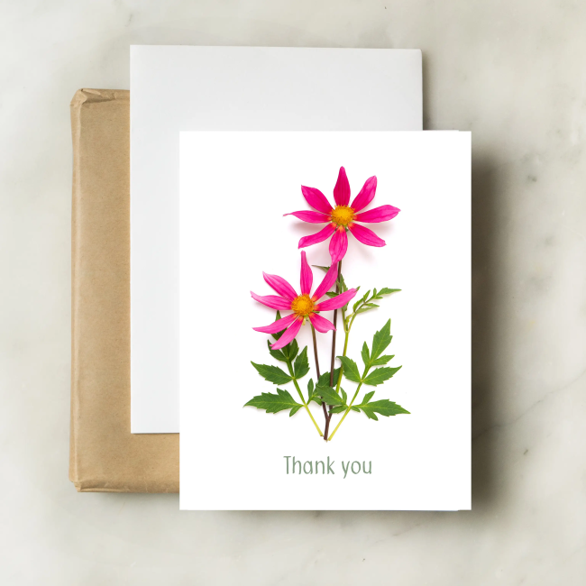 bottle branch botanical thank you card - pink dahlias