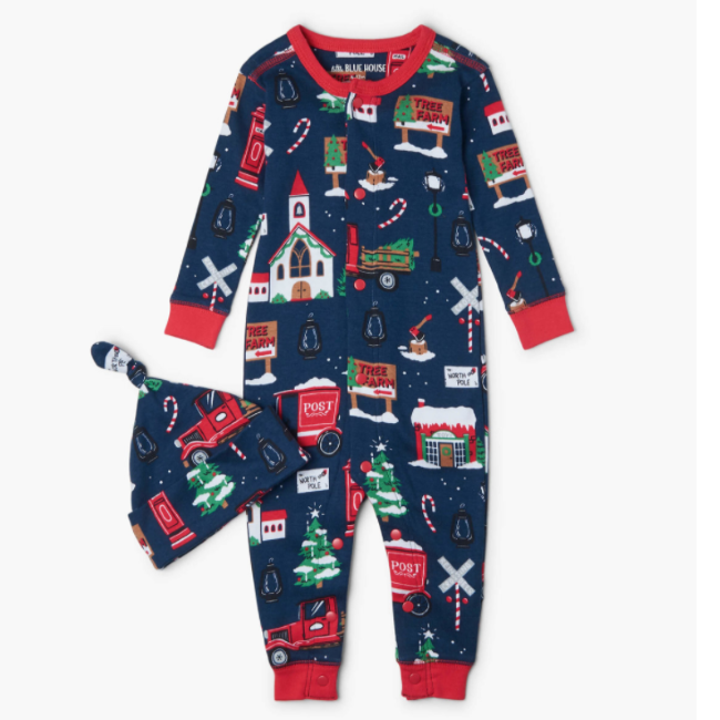 hatley navy christmas village baby coverall & hat