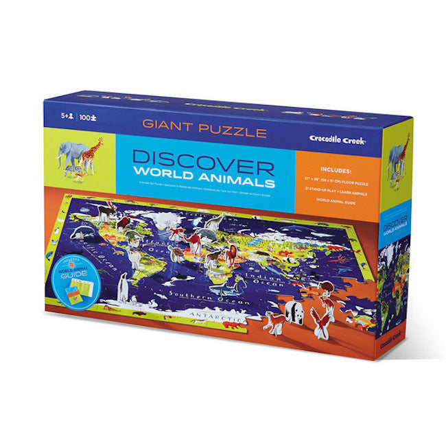 crocodile creek 100 piece discover + play puzzle - world animals