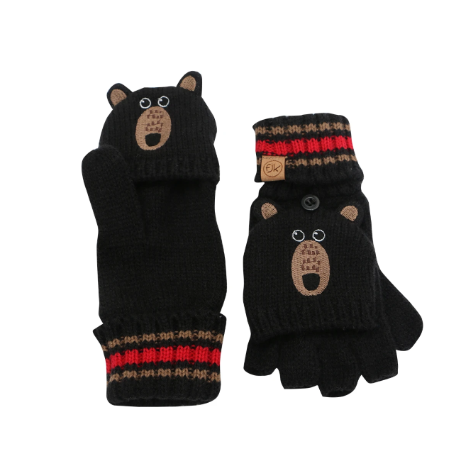 flapjacks knitted fingerless gloves w/flap - black bear