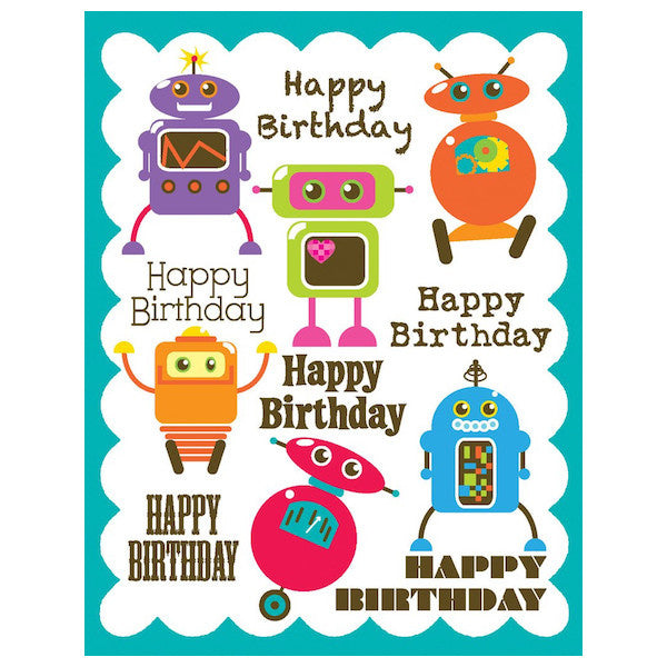 yellow bird paper greetings - robots birthday glitter card