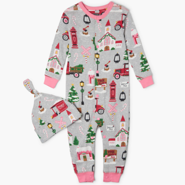 hatley pink christmas village baby coverall & hat